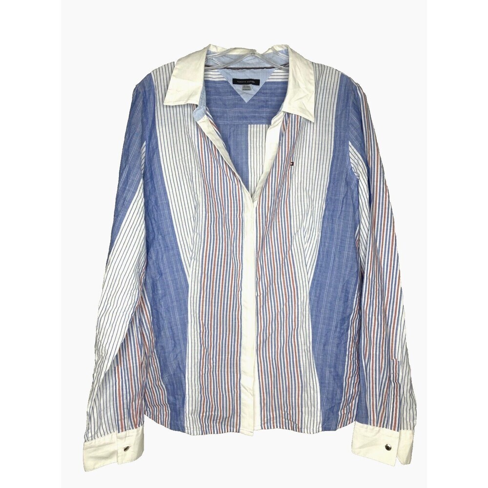 TOMMY HILFIGER Women's XL Blue Red White Striped Button Up Shirt Americana Style